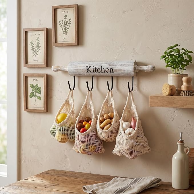 MyGift Wall Mounted Kitchen Utensil Rack, Rustic White Washed Wood Rolling Pin Cooking Tool Hanger with 4 Hooks for Aprons, Dish Towel, Mugs, Spoons