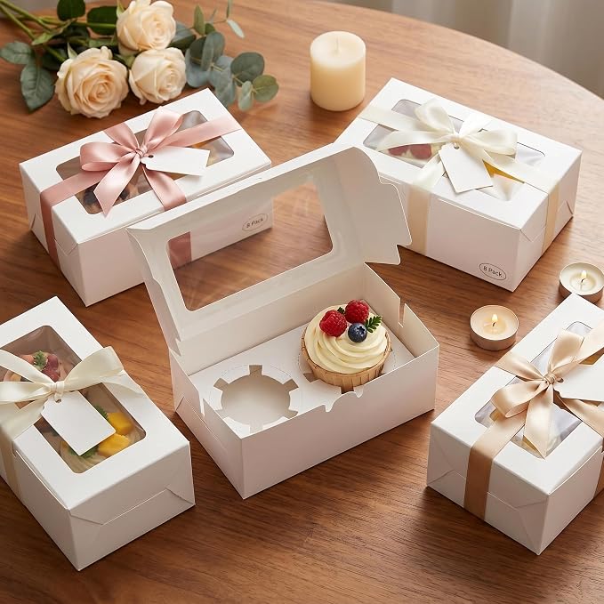 18 Pack White 2-Cavity Cupcake Boxes with Clear Window, 6.3 x 3.54 x 2.95 in Paper Treat Boxes with Inserts, 2-Cupcake Holders for Muffins, Cookies, Mini Cakes, Bakery Gifts and Parties