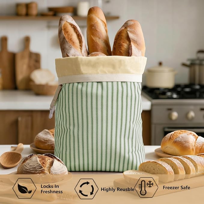 Stripe Reusable Beeswax Bread Bags for Homemade Bread & Sourdough, 2-Pack XL Airtight Food Storage Bags, Organic Cotton Linen Covers - Freezer-Friendly Freshness Preservation Keeps Fresh Longer