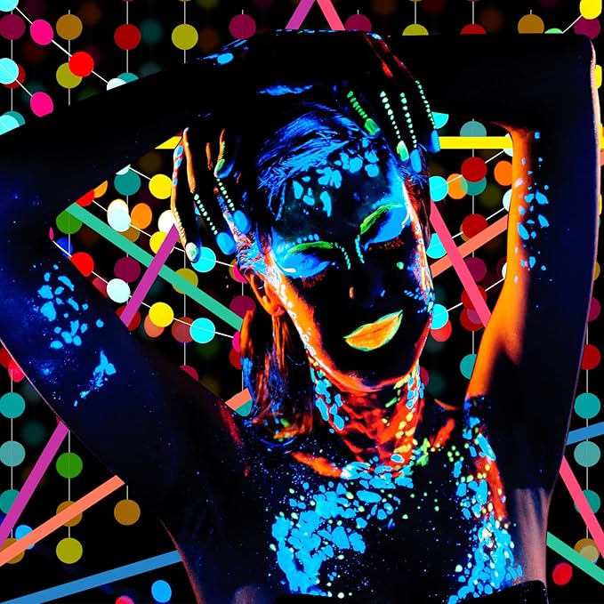 Skylety 32 Pcs Glow in The Dark Party Supplies Neon Party Favors with 25 Fluorescent Balloon 6 Rolls 98.4 ft UV Blacklight Luminous Tape 14.4 ft Neon Streamer Garland for Adults(Classic Big Dot)