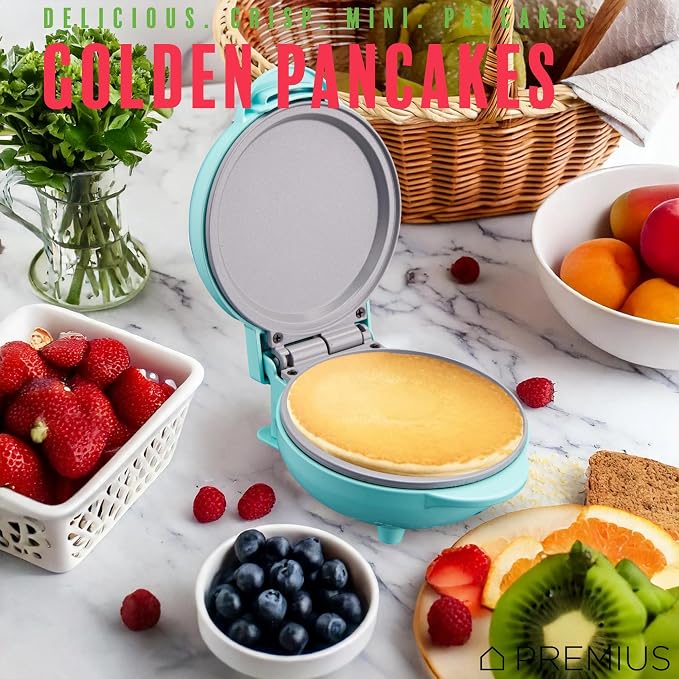 Ceramic NonStick Mini Snack Griddle Maker, 4” Mold, Quick Heat Up, Individual Fluffy Pancakes, Grilled Cheese, Eggs, Pizzas, Cookies & On-the-Go Breakfast & Lunch, Just Add Batter (Turquoise)