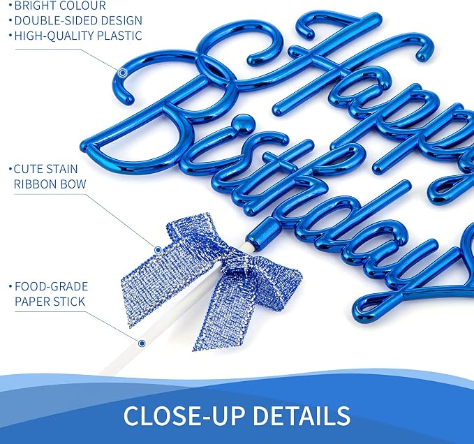 Royal Blue Happy Birthday Cake Topper Plastic - 3D Double Sided Cursive Happy Birthday Sign for Cake with Bow, Idea for Cake Decoration (ROYAL BLUE)