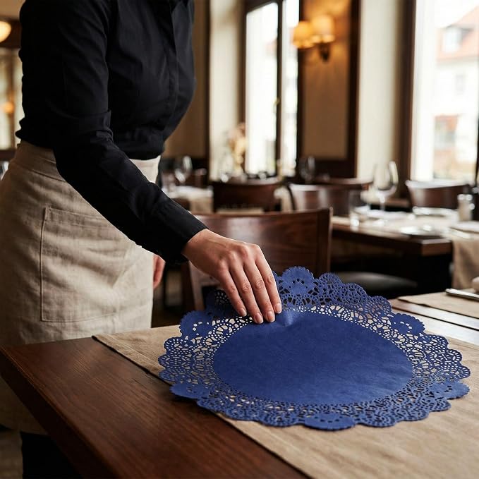 Restaurantware Pastry Tek 12 x 12 Inch Lace Doilies 100 Decorative Tableware Placemats - Disposable Round Navy Blue Paper Table Doilies For Birthdays Or Weddings Table Decor