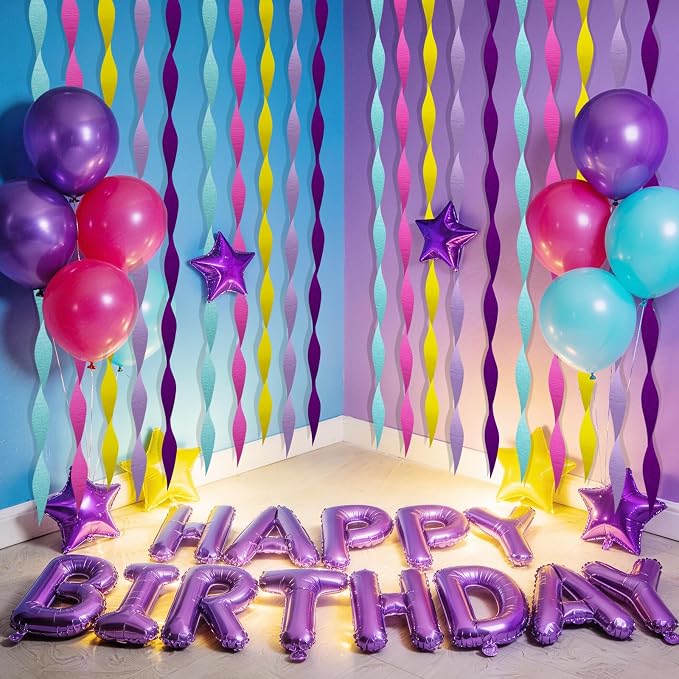 AOYOO Crepe Paper Streamers, 5 Rolls Multicolor Party Streamers in Rose Red, Purple, Yellow and Light Blue, Premium Rainbow Decorations for Unicorn Birthday, Easter, Carnival and Kids Party Supplies