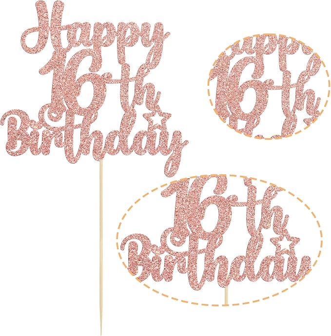 Gyufise 1Pc Happy 16th Birthday Cake Topper Rose Gold Glitter 16 & Fabulous Sweet 16 Birthday Cake Pick for Celebrating 16th Birthday Anniversary Party Cake Decorations Supplies