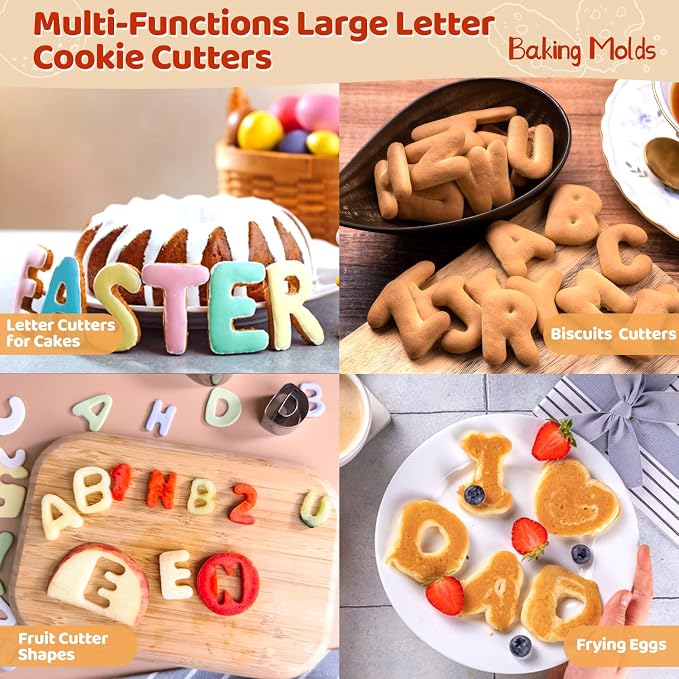 ofone Large Alphabet Cookie Cutters(A - Z), 3 Inch Stainless Steel Fondant Letter Cutters Shapes, 26 Pcs Abc Biscuit Cutter Set for Baking Dough Cakes Pastry Fruits