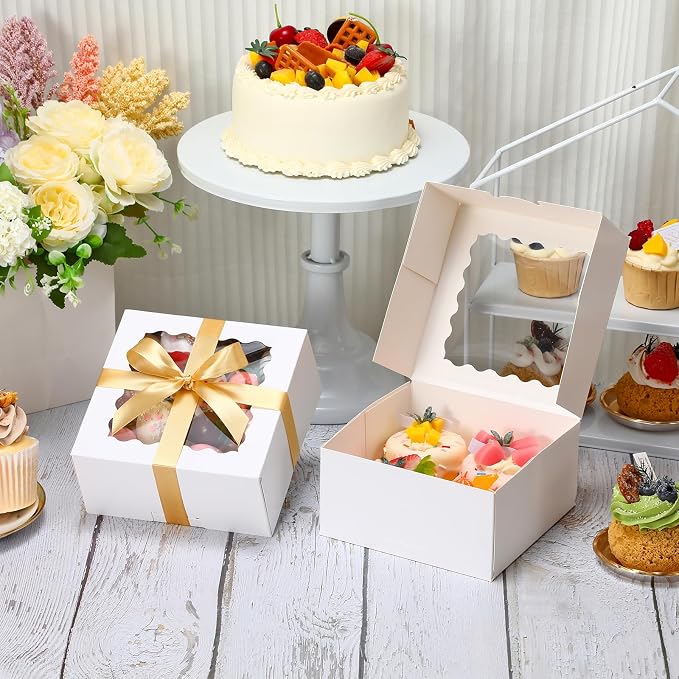 COTOPHER Auto Pop Up Cookie Box with Window 6x6x3 Inches – 50 Pack White Bakery Boxes with Gold Ribbon for Birthday Party Favors, Wedding, Christmas Gift Packaging for Cookies, Candy, Macarons