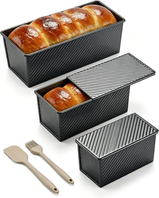 CARTMAN 3-Piece Pullman Loaf Pan with Lid Set – Non-Stick Carbon Steel Bread Pan with Bottom Vents – Includes Large (12"), Medium (8") & Mini (7") Sizes plus Silicone Tools – Classic Black