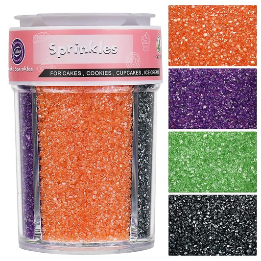Sanding Sugar Halloween Sprinkles for Cake Decorating, 4 Colors Sparkling Sprinkles Orange Purple Green and Black Decorating Coarse Sugar Crystals for Cupcakes Cookie Ice Cream Baking Topping