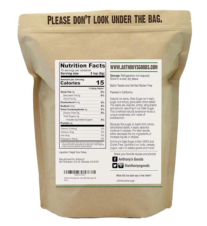 Anthony's Date Sugar, 1 lb, Gluten Free, Non GMO, Vegan, Granulated (Pack of 2)