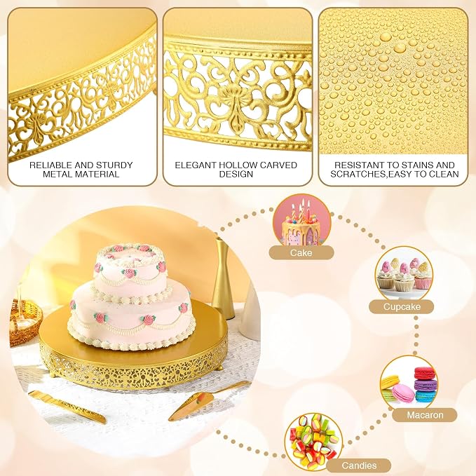 Wenqik 16 Inch Gold Cake Stand Set Metal Round Cupcake Dessert Stand with Cake Cutting, Spatula Wedding Cupcake Pastry Display Candy Holder Display for Wedding Party Birthday Baby Shower(Classic)
