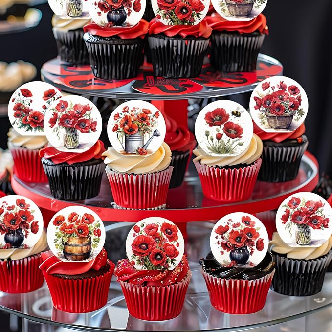 36PCS Edible Red Poppy Flowers Cupcake Toppers Wafer Paper Red Flowers Cake Picks Edible Poppy Wildflowers Cupcake Toppers for Wedding Birthday Theme Floral Cake Decor Supplies