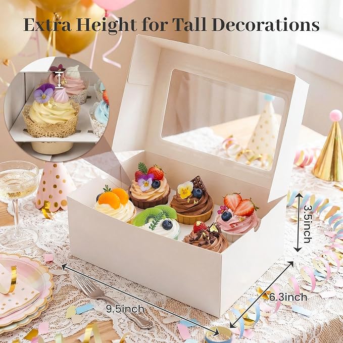 HANSGO 6 Count Cupcake Boxes,6PCS Cupcake Containers with Window White Pastry Boxes for Muffins Pastry Strawberry, Party Supplies 9.5x6.3x3.5 Inch