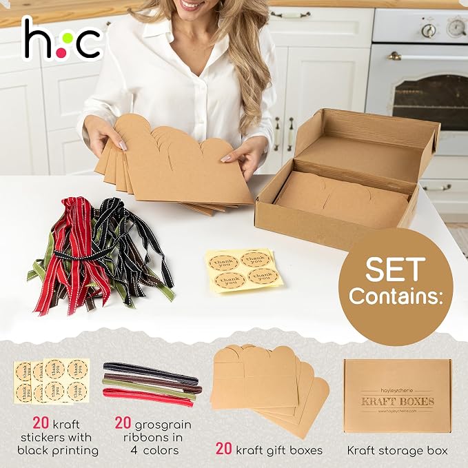 Brown Kraft Cookie Boxes with Ribbons & Stickers (20 Pack) 6.5” x 4” Small Cardboard Gift Boxes for Gift Giving, Baked Goods, Candy, Christmas, Decorative Food Packaging, Bakery Treats, Empty, Bulk