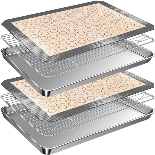 Stainless Steel Baking Sheet Tray Cooling Rack with Silicone Baking Mat Set, 16 x 12 x 1 Inch Cookie Sheet Pan with Wire Rack Set, Set of 6 (2 Sheets + 2 Racks + 2 Mats), Heavy Duty & Rust Proof