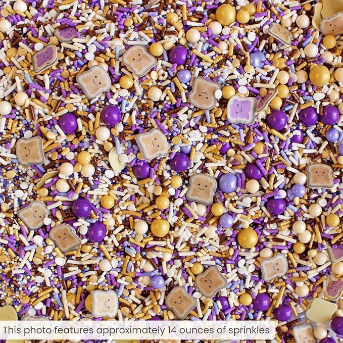 Sprinkle Pop PB&J Sprinkle Mix| lavender Purple Gold Cream Chocolate Sprinkles with ~10 Peanut Butter & Grape Jelly Slice Wafer Papers| Sprinkles Made in USA for Decorating Cake Cupcakes Cookies, 2oz