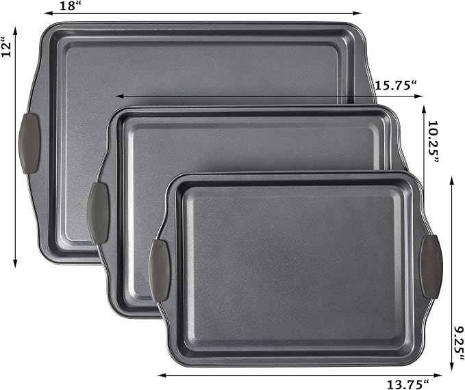 Non-Stick Baking Sheet Set 3 Pcs for Cookies & More, Heavy-Duty Aluminum Baking Sheets with Gray Silicone Handles