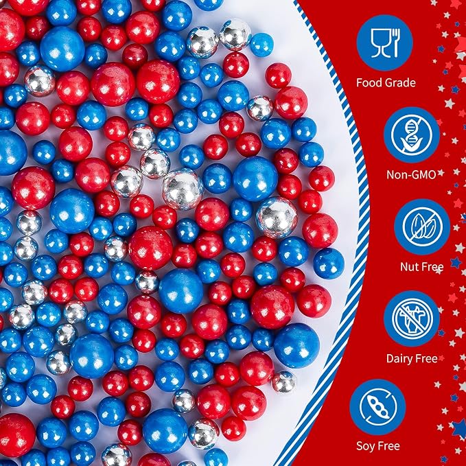 Edible Patriotic Sprinkles,July 4th Blue Red and Silver Pearl Sprinkle Mix for USA Baking Decorations,130g,Edible Sugar Pearls for Captain Cake Decorating,Cookies,Ice Cream,Fondant Cake,Cupcakes,Desserts,Flag Day,Independence Day,4th of July Party Supp...