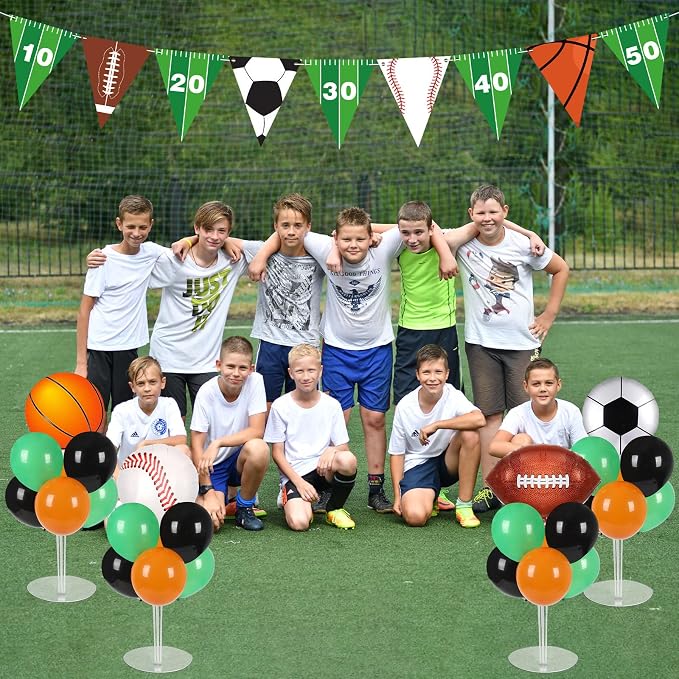 4 Sets Sports Party Balloons Stand Kit with Basketball Football Baseball Foil Balloons Sports Theme Party Balloon Centerpiece for Christmas Winter Tables Game Themed Birthday Baby Shower Decorations