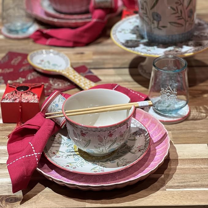 Ceramic Ramen Bowl Set | Ella Collection by Euro Ceramica | Salad Soup Ramen Bowl 2 Sizes Included with Chopsticks | Microwaveable Bowl for Ramen, Noodles, Pho, and Udon - Red Floral Design