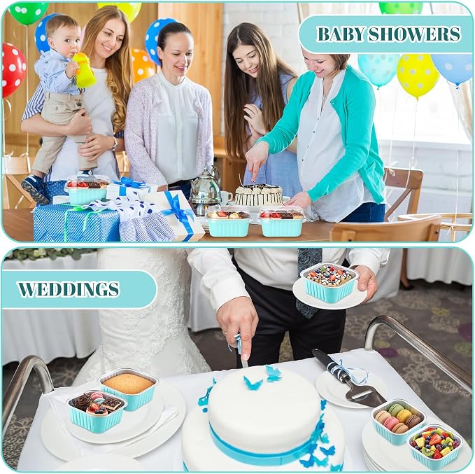 200 Pack 5 oz Mini Cake Pans with Lid, Aluminum Foil Mini Baking Tins, Square Disposable Cupcake Baking Cup Dessert Container for Wedding Birthday Party Picnic(Light Blue,Classic)