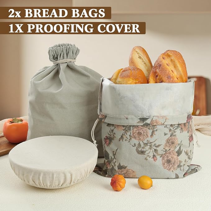 3-Pack Reusable Linen Bread Bags - Extra Large Eco-Friendly Bread Storage & Proofing Covers, Ideal Christmas Gift for Bakers, Homemakers & Sustainable Kitchen