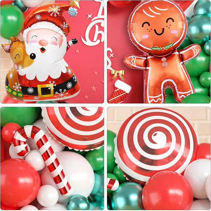 Christmas Balloon Garland Arch Kit, Christmas Balloon Arch with Metallic Green Red White Latex Balloons Snowflake Santa Foil Balloons Candy Cane for Xmas New Year Party Decoration