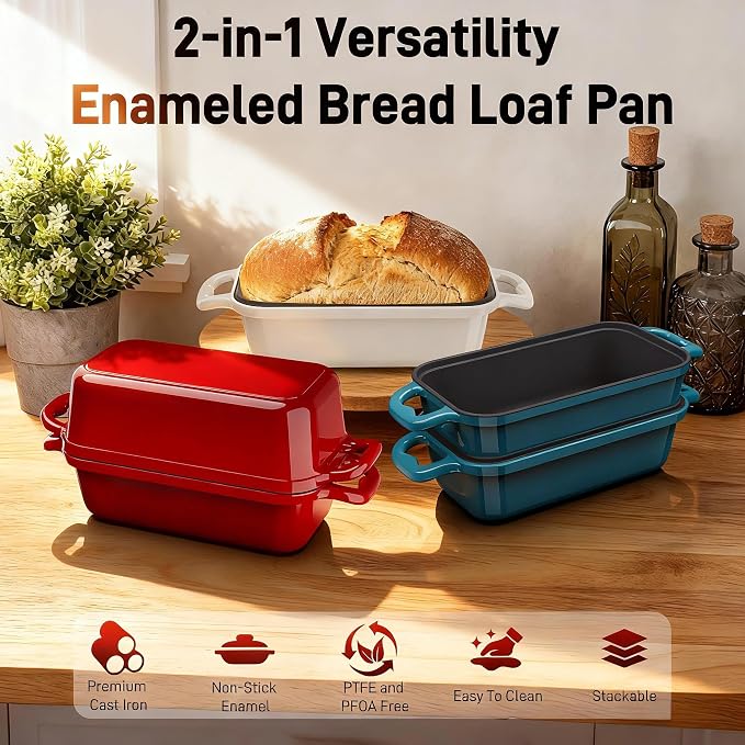 Enameled Cast Iron Dutch Oven for Sourdough Bread Baking, 8.5 x 4.5Inch Oval Cast Iron Bread Pan with Lid, 2PCS Dutch Oven for Homemade Sourdough Baking, Meatloaf Pan, Oven Safe, Red