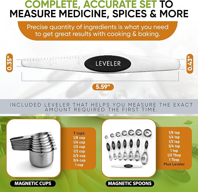Spring Chef Stainless Steel Magnetic Measuring Cups & Spoons, Set of 15 with Leveler & Heavy Duty Can Opener with Magnetic Lid Remover - 2 Product Bundle - Black