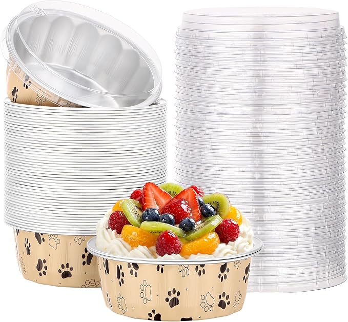 Beasea Disposable Ramekins with Lids, 50 Pack 8oz Aluminum Cups for Baking, Cute Aluminum Foil Ramekins Creme Brulee Muffin Cupcake Mini Pudding Baking Cups for Party Birthday - Cat Claws