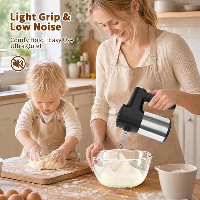 Cordless Electric Hand Mixer, 7 Speed Rechargeable Wireless Handheld Mixer with Eject Button, Long Battery, Quiet Anti-Splash, 6×304 Stainless Steel Attachments & Storage Base for Baking (Black)