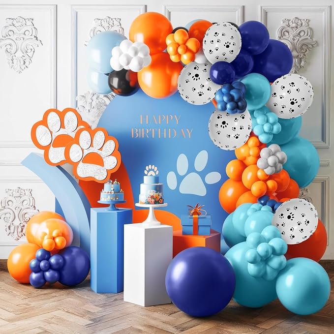 Orange Blue Beige Balloons Garland Kit, Navy Blue Light blue and orange Balloon Arch Kit with Dog Paw Printed Balloon, Orange Blue Apricot Balloons for Puppy Paw Themed Boy Birthday Party Decorations