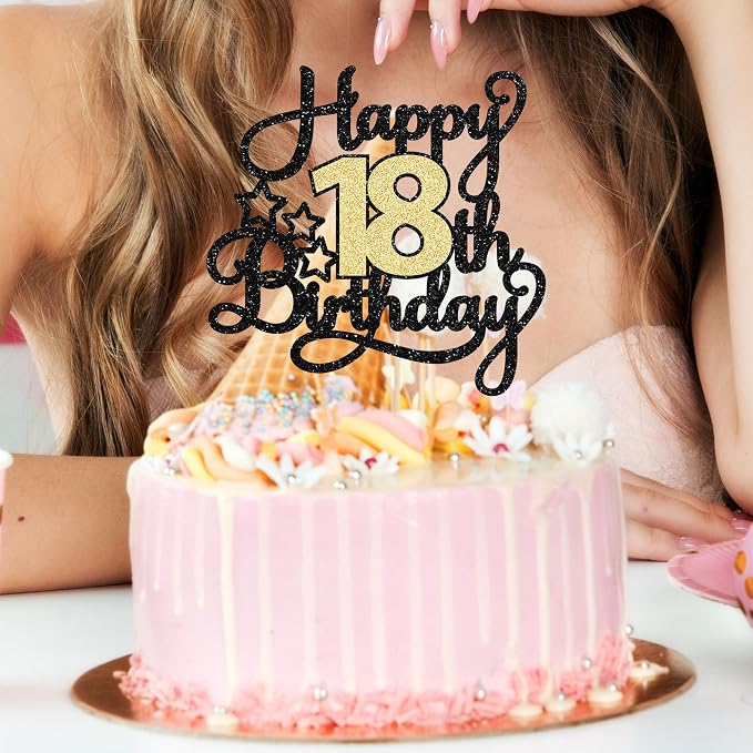 1Pc 18th Happy Birthday Cake Topper Glitter Cheers to 18 Years Birthday Cake Pick Cake Decoration for 18th Party Decoration Supplies Black Gold