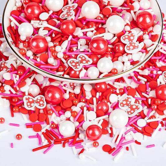 Twisweet Red Bow Sprinkles for Cake Decorating, Polka Dot Style Jimmies Sugar Pearls & Bow Confetti, Edible Baking Candy for Cupcake Cookie Ice Cream Cake Toppers, Girls Birthday Cartoon Party Decorations (130g/4.58oz)