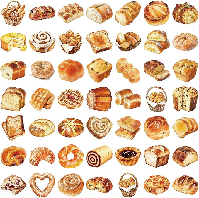 Cute Bread Stickers for Adults,Teens,Kids, 50PCS Realistic Bakery PET Transparent Waterproof Food Stickers Pack for Water Bottles,Laptop,Scrapbook, Bakery Themed Party Decorations