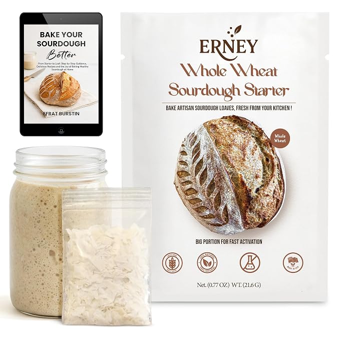 ERNEY Dehydrated Whole Wheat Sourdough Starter 21.6 g Per Sachet for Bread Making - Perfect Rise Whole Wheat Sourdough Bread Flour with Instruction - Versatile Homemade Pastry Flour Perfect for Artisan Loaf Pizza Muffins