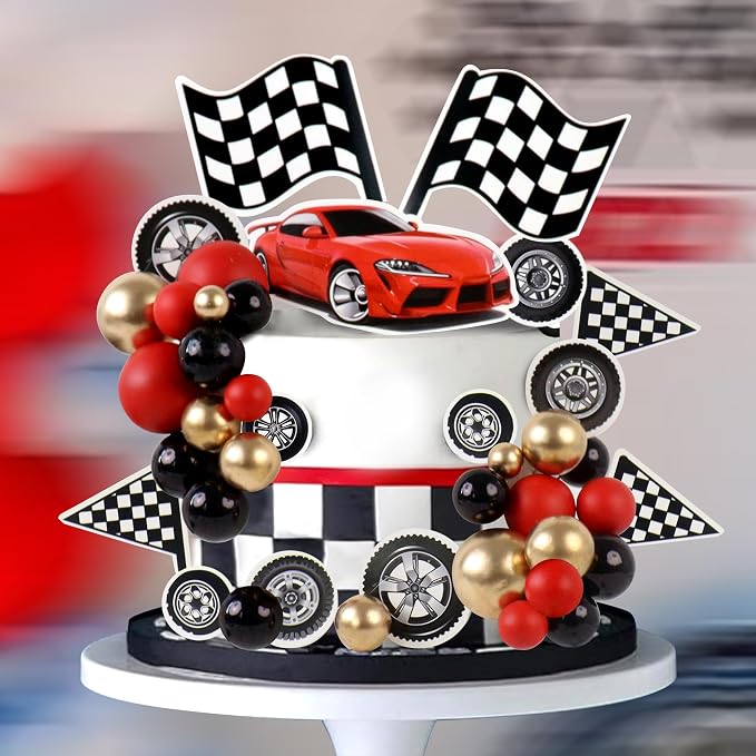 Ercadio 42Pcs Black Red Race Car Birthday Cake Toppers Checkered Flags Wheel Cupcake Toppers Multicolor Balls Cake Decorations for Kids Racing Birthday Cake Decoration Race Car Party Supplies
