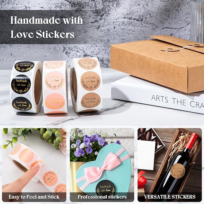 1500 Pieces 1 Inch Handmade with Love Stickers DIY Round Adhesive Labels Round Sealing Stickers Decorative Sticker Tags for Wedding Birthday Party Envelope Seals Baking Packaging Small Business