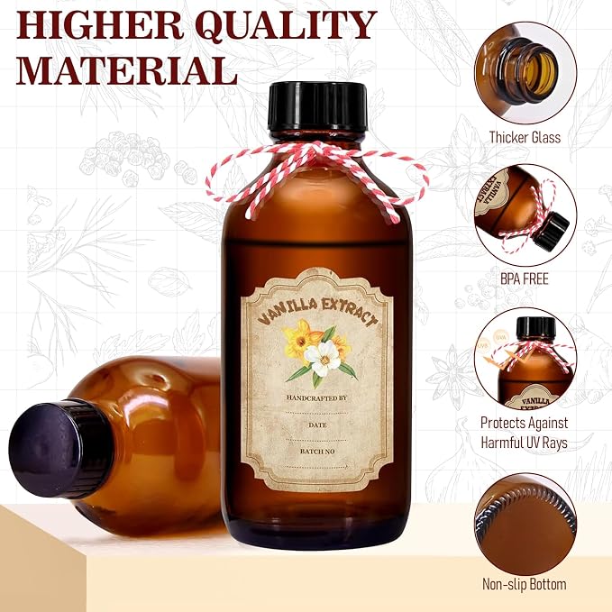 12 Pack Amber Glass Vanilla Extract Bottles 2 oz with Lids, 12 PCS Vanilla Extract Labels and Funnel, Glass Boston Vanilla Bottles for Syrup Gift, Jars Glass Bottles for Vanilla Extract