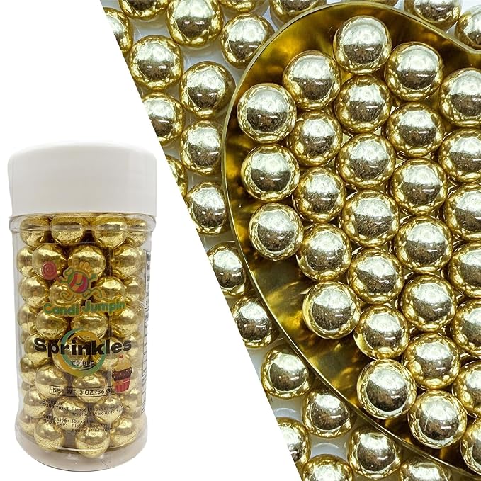 CandiJumpin 10mm Large Gold Edible Pearls, Gold Pearl Sprinkles for Cake Decorating Large Sugar Pearls Edible Cake Decorations Pearl Sugar Sprinkles Cupcake Toppers Baby Shower Party Birthday Wedding Christmas Supplies 3 OZ