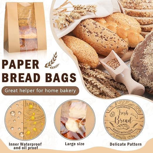 Spakon 120 Pcs Large Bread Bags for Homemade Bread with Window 14 x 8.3 x 3.5 Inch Kraft Paper Sourdough Bakery Bags 120 Baked with Love Stickers for Storage Cookies and Snacks Baked Food Packaging