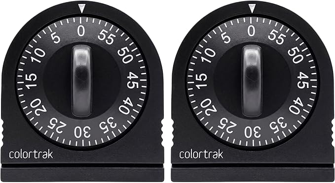 Colortrak 60 Minute Wind Up Timer, Salon Hair Color Processing Timer, Mechanical Visual Countdown for Chemical Services, Tanning, Kitchen, and Kids Activities, No Batteries Required, Black, 2 Pack