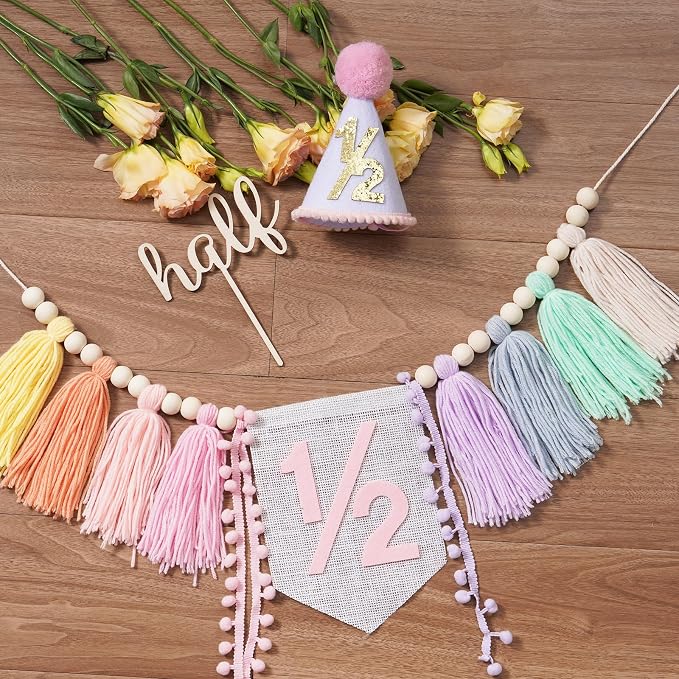 CWK Half Birthday Decorations for Baby, 1/2 Birthday High Chair Banner with Cone Hat & Cake Topper, Half Way to One Party Kit, Photo Props for 6 Month Baby Birthday(Macaron)