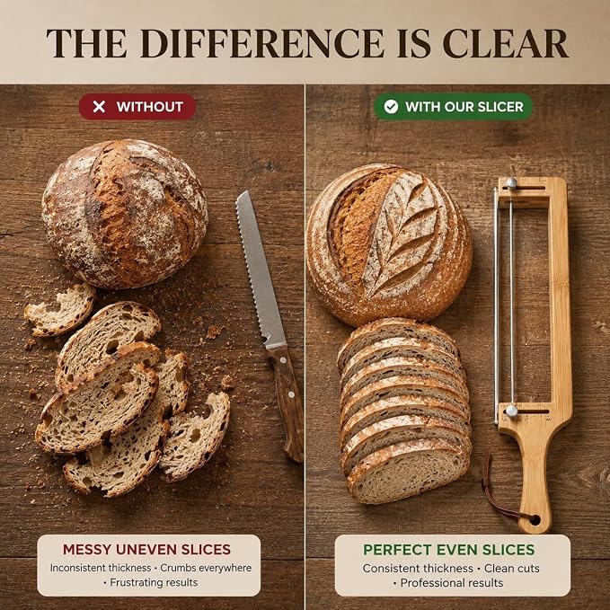 Adjustable Bread Knife for Homemade Bread - Bread Slicer with 1/2-inch and 1-inch Thickness Guides - 17 inch Bread Cutter-Bow Design （Natural Red Wood）