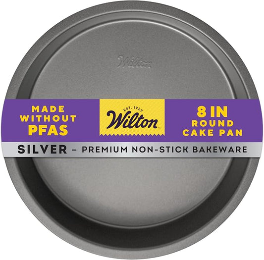 Wilton Silver Non Stick Round Cake Pan, Steel Baking Pan for Layer Cakes, Cheesecakes, Quiche,Made without PFAS, Even Heating, 8 Inch