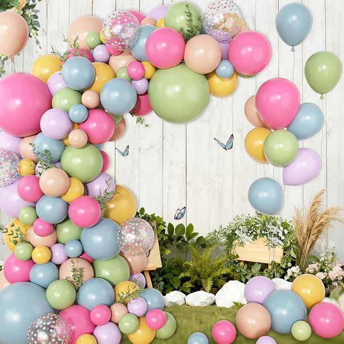 Amandir 153Pcs Flower Balloons Arch Garland Kit Different Sizes 18 12 10 5inch Pink Green Yellow Dusty Blue Spring Wildflower Balloons for Floral Baby in Bloom Shower Daisy Birthday Party Decorations