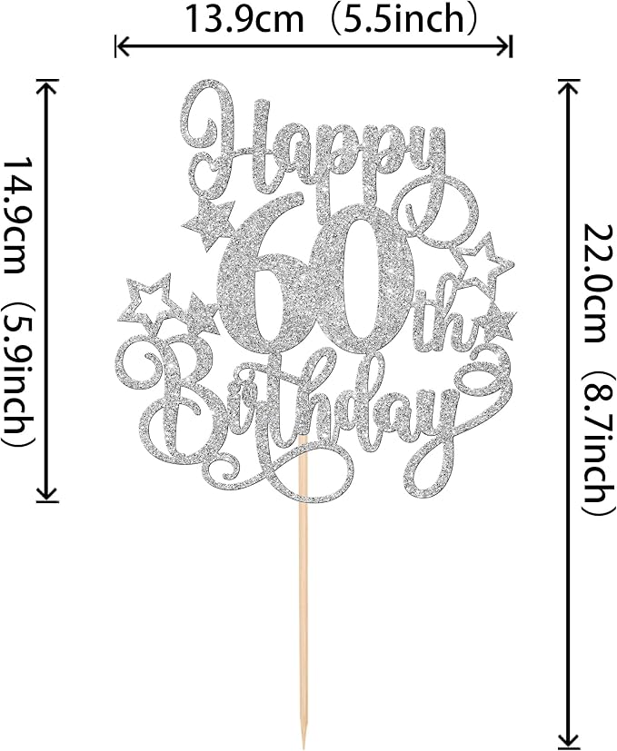 1 PCS Happy 60th Birthday Cake Topper Glitter Cheers to 60 Years Birthday Cake Pick Hello 60 Fabulous Cake Decoration for Happy 60th Birthday Anniversary Party Decorations Supplies Silver