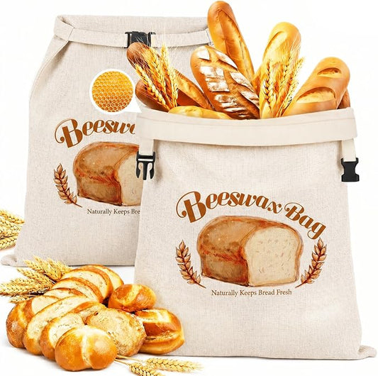 2 Pack Beeswax Bread Bags for Sourdough, Reusable Natural XL Linen Beeswax Bread Bag for Homemade Sourdough 17 x 13 Inches Freezer-Friendly Large Capacity Portable