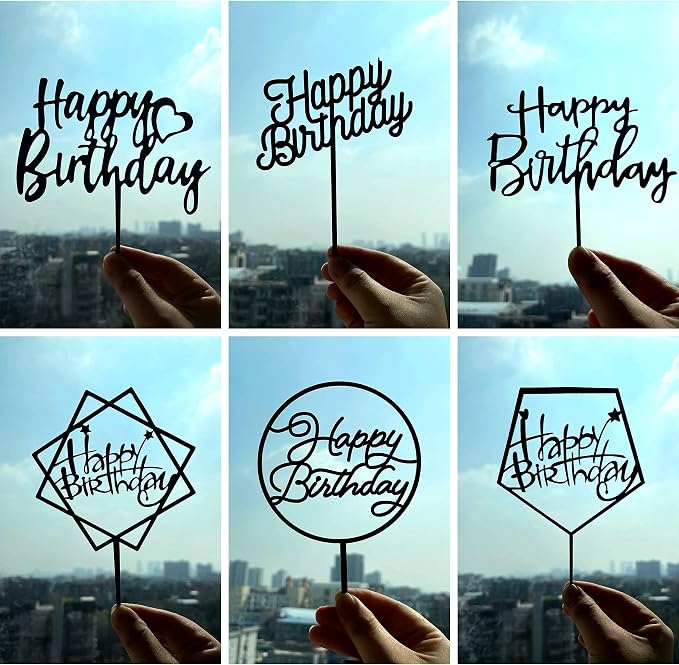 6-Pack Black Birthday Cake Topper Set, Double-Sided Shiny Black, Acrylic Happy Birthday Sign Cake Toppers/Cupcake Toppers, Party Decorations Supplies for Cool Guy.