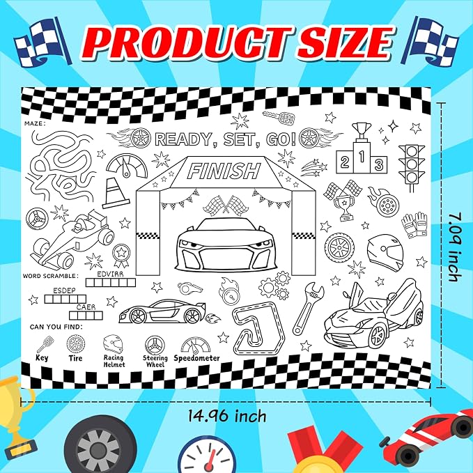 45pcs Race Car Disposable Coloring Placemats Racing Crafts for Kids Birthday Party Favors Coloring Poster Speed Car Checkered Flag Tire Activity Church Supplies Paper Table Mats